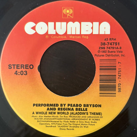 BRYSON, PEABO & REGINA BELLE - "A Whole New World (Aladdin's Theme) / "After The Kiss (Instrumental)" [1992]  7" Single. USED