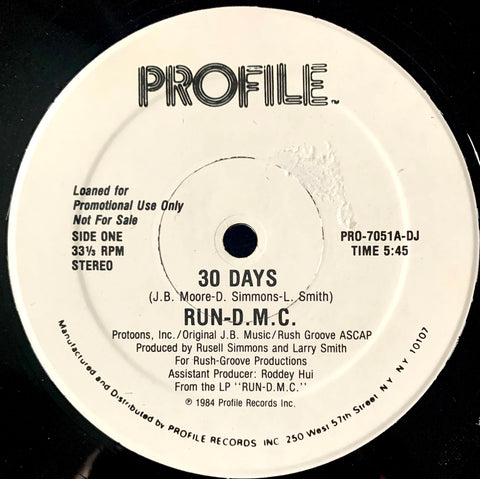 RUN DMC "30 Days" [1984] 12" single promo. USED